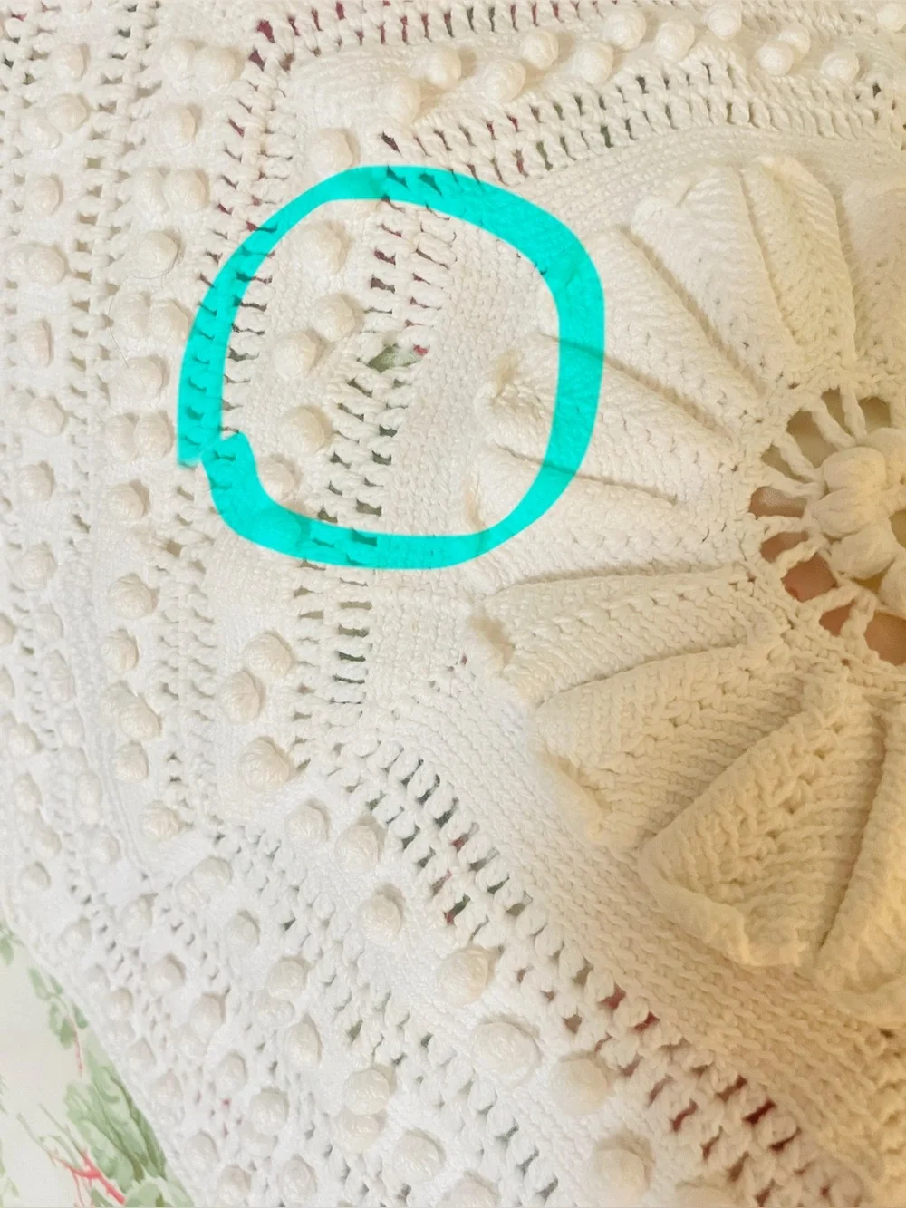 Vintage Afghan Crochet Popcorn Raised Floral White Cotton Handmade 52x104